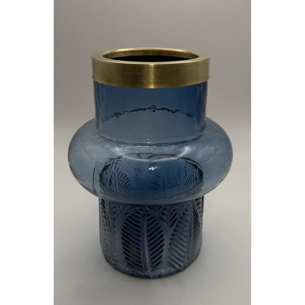 Contemporary MCM Blue Glass Vase Brass Rim Bubble Shape Fern Leaf Textured 8
